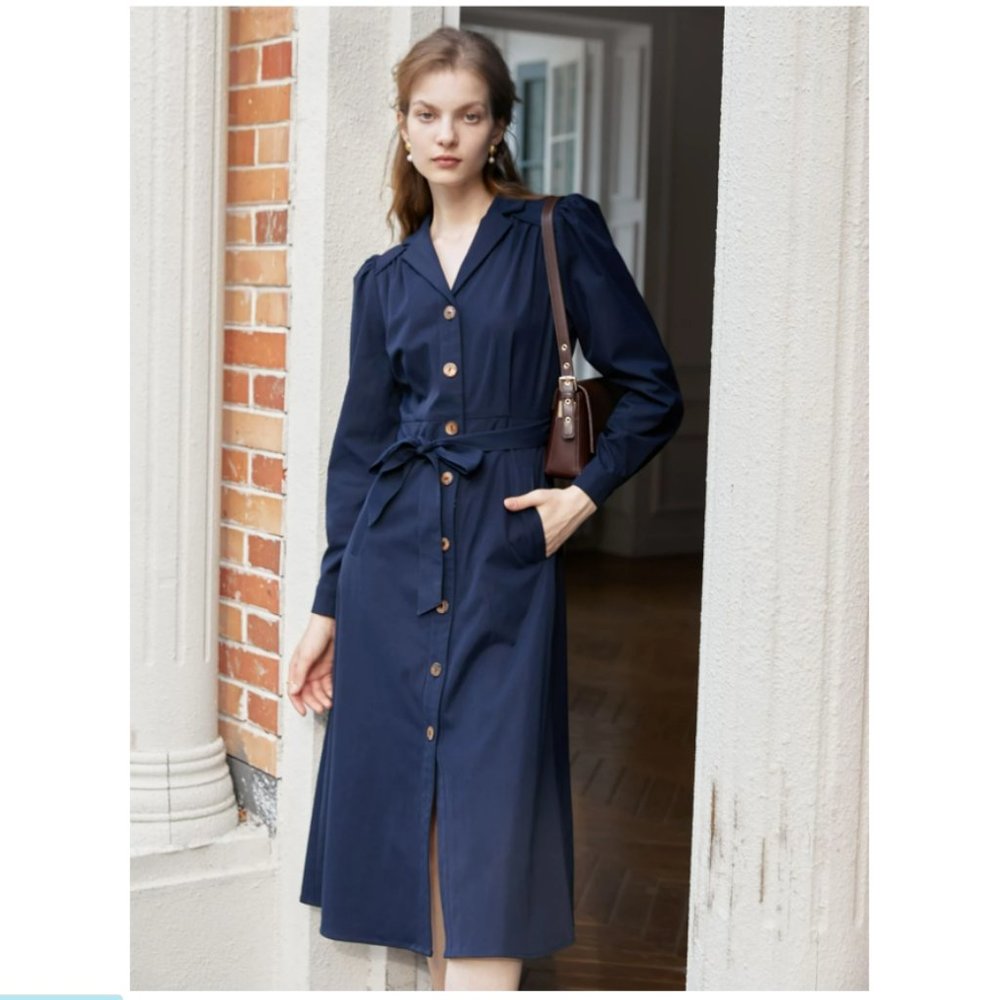 🆕 Simple Retro Navy Lapel Collar Button Front Belted Shirt Dress👗